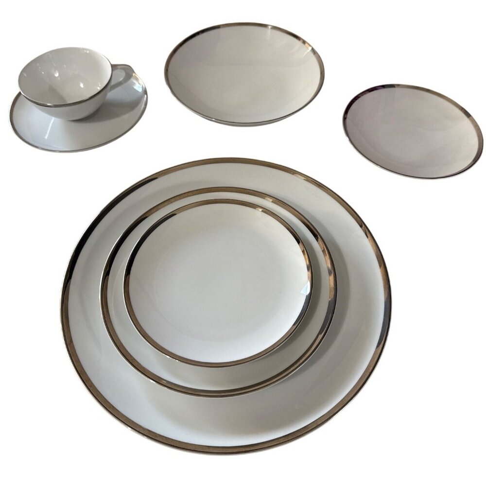 Sango Fine China Pallas Place Setting 7 Pc White & Silver Trim Elegant Design